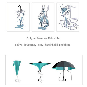 Αντιανεμικό αντίστροφο πτυσσόμενο διπλό στρώμα ανεστραμμένο ομπρέλα Chuva αυτο-στάση Προστασία βροχής C-Hook Hands For Car U3