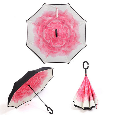 Umbrelă de tip Chuva cu două straturi, pliabilă inversă, rezistentă la vânt, cu suport automat, protecție împotriva ploaiei, mâinile cu cârlig în C pentru mașină U3