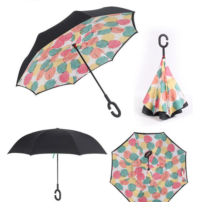 Umbrelă de tip Chuva cu două straturi, pliabilă inversă, rezistentă la vânt, cu suport automat, protecție împotriva ploaiei, mâinile cu cârlig în C pentru mașină U3