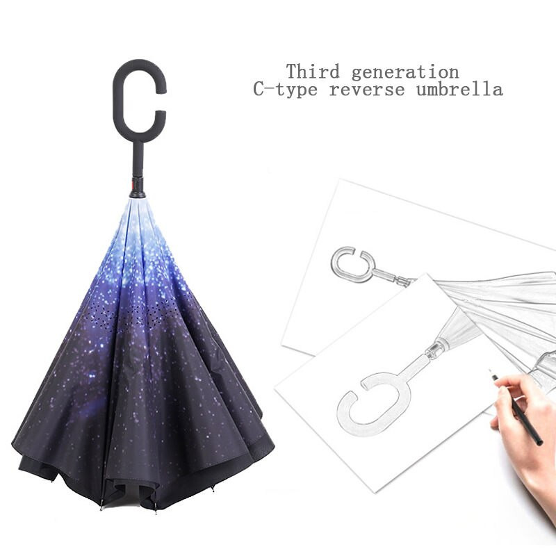 Umbrelă de tip Chuva cu două straturi, pliabilă inversă, rezistentă la vânt, cu suport automat, protecție împotriva ploaiei, mâinile cu cârlig în C pentru mașină U3