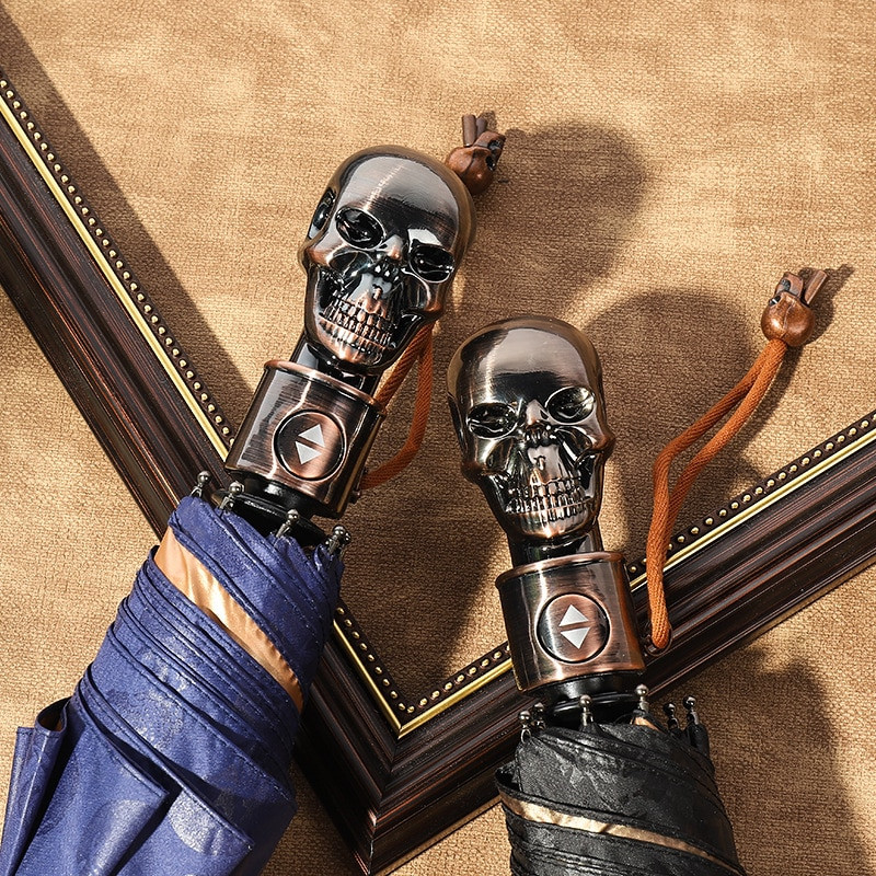 Vetruodolný skladací automatický dáždnik s rukoväťou lebky, dáždnik pre ženy, luxusný veľký vetruodolný dáždnik