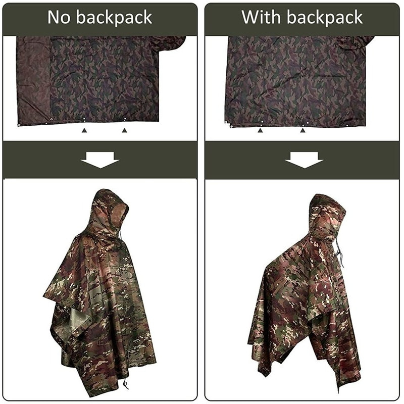 3 v 1 multifunkčný extra dlhý nepremokavý pončo unisex pršiplášť stan rohožka ochrana pred slnkom plachta maskovací kabát