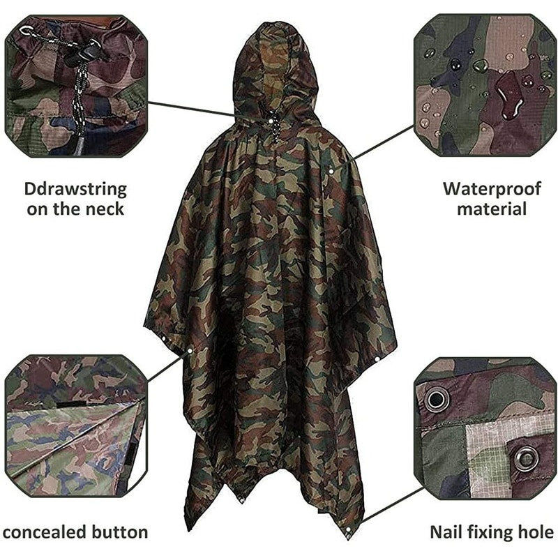 3 v 1 multifunkčný extra dlhý nepremokavý pončo unisex pršiplášť stan rohožka ochrana pred slnkom plachta maskovací kabát