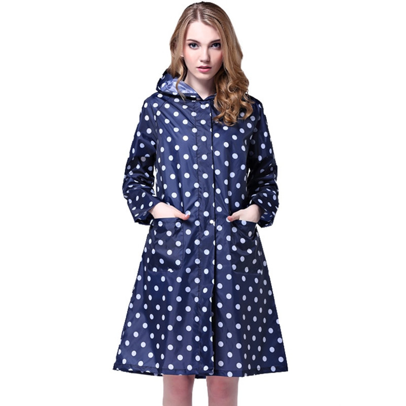 Szabadtéri női vízálló lovaglóruházat esőkabát poncsó zseb pöttyös kapucnis térd hosszú esőruházat nylon női sötétkék poncsó