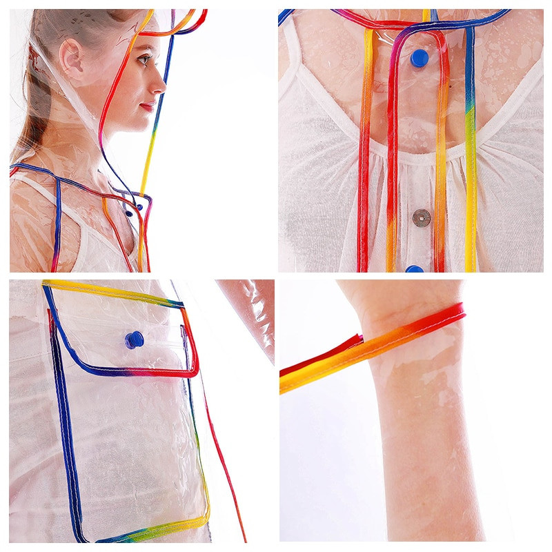 Pelernă de ploaie cu margine curcubeu transparentă la modă nouă, impermeabilă, din EVA, haină de ploaie, pentru femei, în aer liber, transparentă, îmbrăcăminte de ploaie din PVC