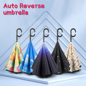 2021 Skladací dáždnik s dlhou stopkou, dvojvrstvový, vetruodolný, s obráteným C-háčikom pre mužov, golfový dáždnik, s obráteným dáždnikom do auta