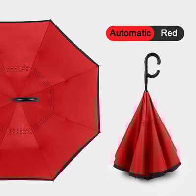 2021 Skladací dáždnik s dlhou stopkou, dvojvrstvový, vetruodolný, s obráteným C-háčikom pre mužov, golfový dáždnik, s obráteným dáždnikom do auta