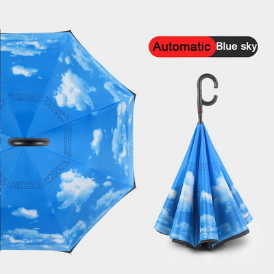 2021 Skladací dáždnik s dlhou stopkou, dvojvrstvový, vetruodolný, s obráteným C-háčikom pre mužov, golfový dáždnik, s obráteným dáždnikom do auta