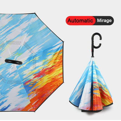 2021 Skladací dáždnik s dlhou stopkou, dvojvrstvový, vetruodolný, s obráteným C-háčikom pre mužov, golfový dáždnik, s obráteným dáždnikom do auta