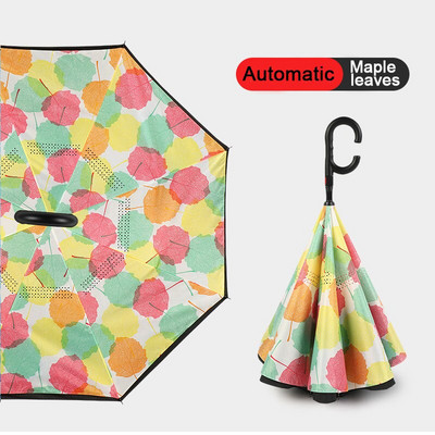 2021 Skladací dáždnik s dlhou stopkou, dvojvrstvový, vetruodolný, s obráteným C-háčikom pre mužov, golfový dáždnik, s obráteným dáždnikom do auta