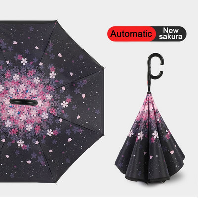 2021 Skladací dáždnik s dlhou stopkou, dvojvrstvový, vetruodolný, s obráteným C-háčikom pre mužov, golfový dáždnik, s obráteným dáždnikom do auta