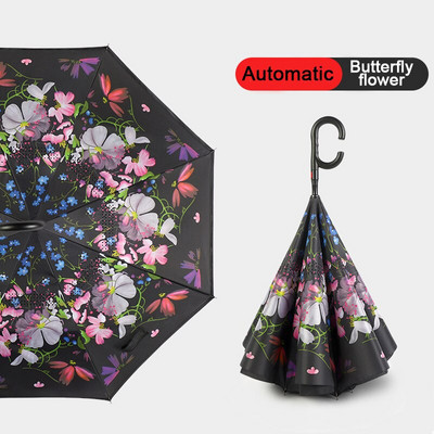 2021 Skladací dáždnik s dlhou stopkou, dvojvrstvový, vetruodolný, s obráteným C-háčikom pre mužov, golfový dáždnik, s obráteným dáždnikom do auta