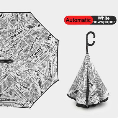 2021 Skladací dáždnik s dlhou stopkou, dvojvrstvový, vetruodolný, s obráteným C-háčikom pre mužov, golfový dáždnik, s obráteným dáždnikom do auta