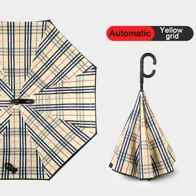 2021 Skladací dáždnik s dlhou stopkou, dvojvrstvový, vetruodolný, s obráteným C-háčikom pre mužov, golfový dáždnik, s obráteným dáždnikom do auta