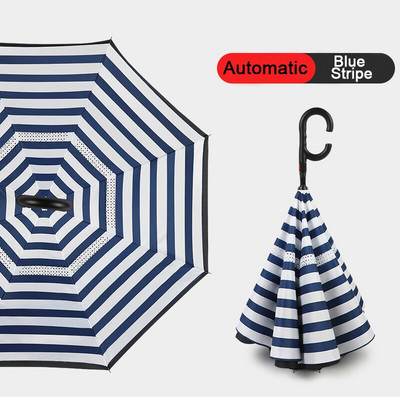 2021 Skladací dáždnik s dlhou stopkou, dvojvrstvový, vetruodolný, s obráteným C-háčikom pre mužov, golfový dáždnik, s obráteným dáždnikom do auta