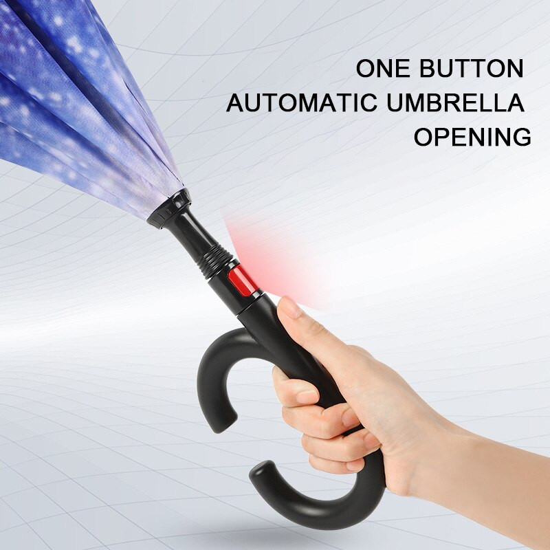 2021 Skladací dáždnik s dlhou stopkou, dvojvrstvový, vetruodolný, s obráteným C-háčikom pre mužov, golfový dáždnik, s obráteným dáždnikom do auta