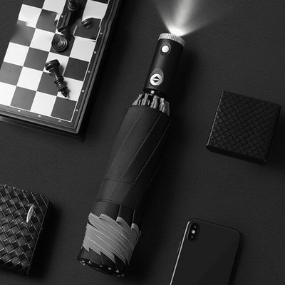 Automatický dáždnik s reflexným pruhom, spätným LED svetlom, trojskladací, obrátený, 10 rebier, vetruodolný, cestovný dáždnik