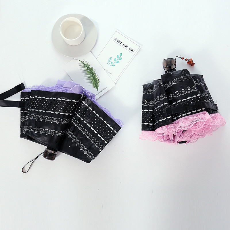 Slnečný a daždivý dáždnik pre krásne ženy, letný slnečník s čiernym povrchom, anti UV čipkovaný dáždnik s 3 skladacími dáždnikmi