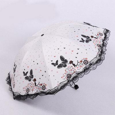 Princezná Sun Dvojitý čipkovaný slnečník s klenutým UV žiarením, trojitý skladací dámsky motýlí potlač, proti slnku, nepremokavý ružový slnečník