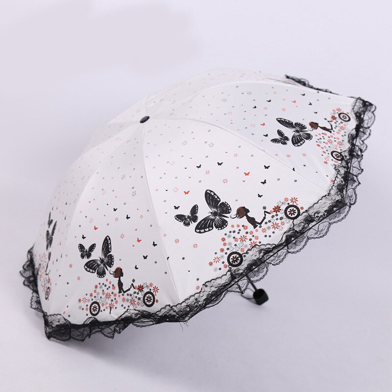 Princezná Sun Dvojitý čipkovaný slnečník s klenutým UV žiarením, trojitý skladací dámsky motýlí potlač, proti slnku, nepremokavý ružový slnečník