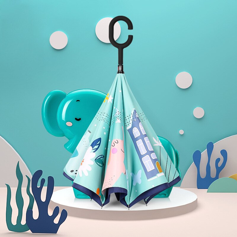 2021 Doprava zadarmo Horúci detský dvojvrstvový reverzný dáždnik s kreslenými zvieratkami, opaľovací krém, dlhý dáždnik pre chlapcov a dievčatá, rukoväť zadarmo