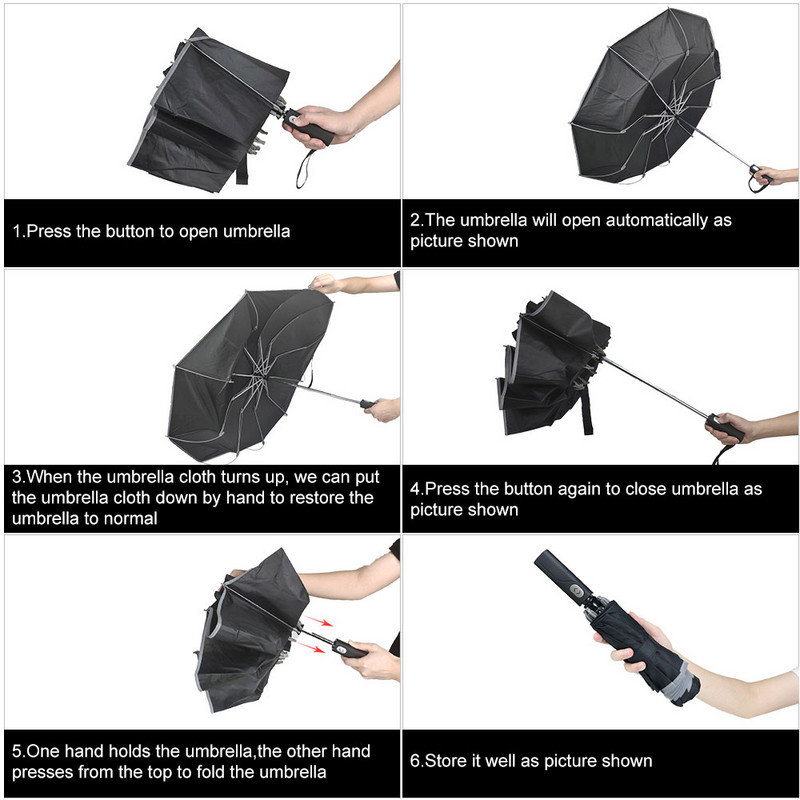 Vetruodolný spätne skladací automatický dáždnik proti dažďu pre mužov a ženy, 3-skladací dáždnik proti dažďu, 10 rebier, reflexný prúžok, prenosný slnečník