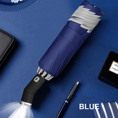 LED svetelný reflexný dáždnik, vetruodolný, automatický, trojskladací, obrátený, 10 rebier, cestovný, obchodný, pánsky, darčekový dáždnik