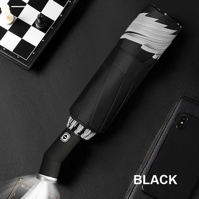 LED svetelný reflexný dáždnik, vetruodolný, automatický, trojskladací, obrátený, 10 rebier, cestovný, obchodný, pánsky, darčekový dáždnik