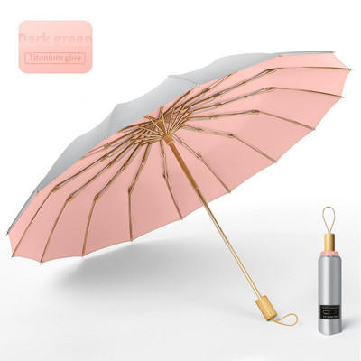 16-rebrový prenosný skladací dáždnik, titánovo strieborný, slnečný dáždnik na cesty, super opaľovací krém s UV filtrom UPF50+