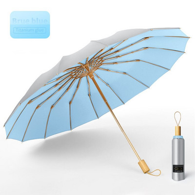 16-rebrový prenosný skladací dáždnik, titánovo strieborný, slnečný dáždnik na cesty, super opaľovací krém s UV filtrom UPF50+