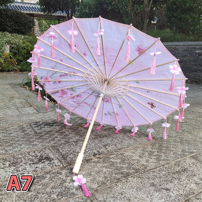 82 cm hodvábny látkový dámsky dáždnik s japonskými čerešňovými kvetmi a strapcami, dáždnik s lupeňmi v čínskom štýle, olejový papierový dáždnik