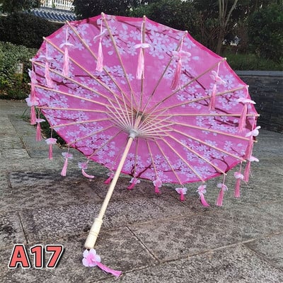 82 cm hodvábny látkový dámsky dáždnik s japonskými čerešňovými kvetmi a strapcami, dáždnik s lupeňmi v čínskom štýle, olejový papierový dáždnik