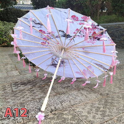 82 cm hodvábny látkový dámsky dáždnik s japonskými čerešňovými kvetmi a strapcami, dáždnik s lupeňmi v čínskom štýle, olejový papierový dáždnik