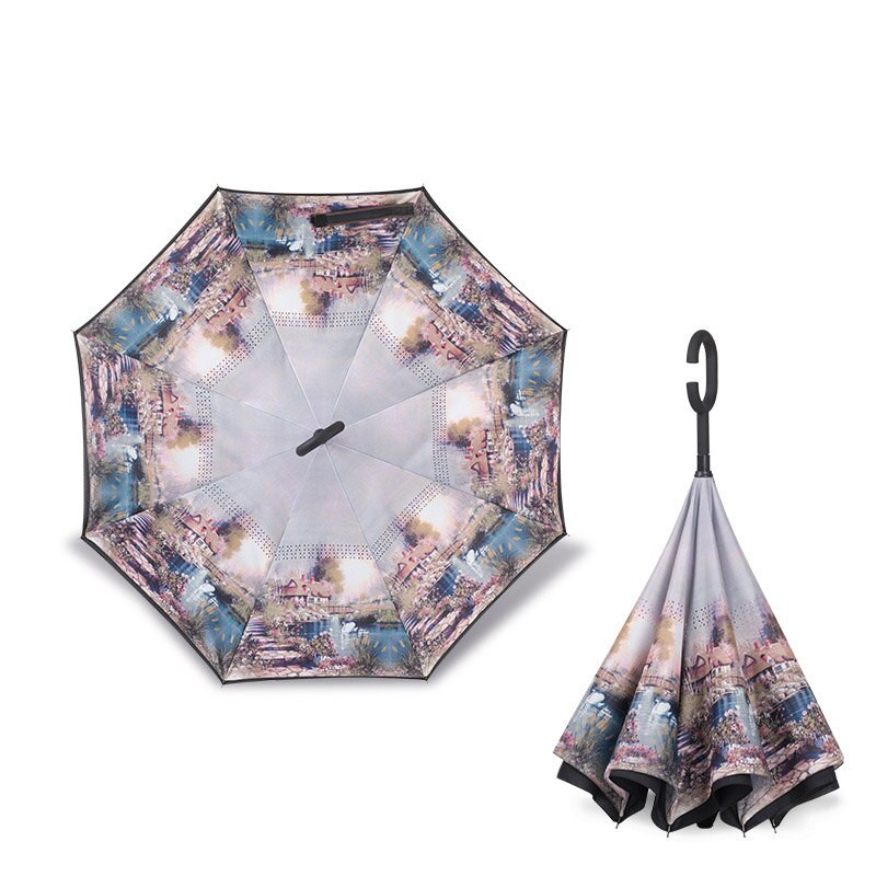 Spalvingas vėjui atsparus atbulinis sulankstomas skėtis Vyras Moterims Saulės Lietaus Automobilis Apversti skėčiai Dvisluoksniai Anti UV Savaime stovi Parapluie