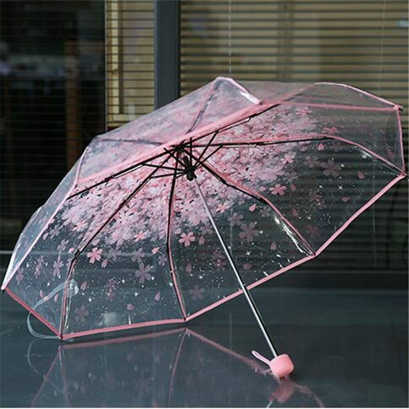 Cherry Flower Transparent Umbrella Anti-UV 3 Fold Clear Sun Rain Umbrella Paraguas Plegable Mujer Women Girls Sakura Umbrella