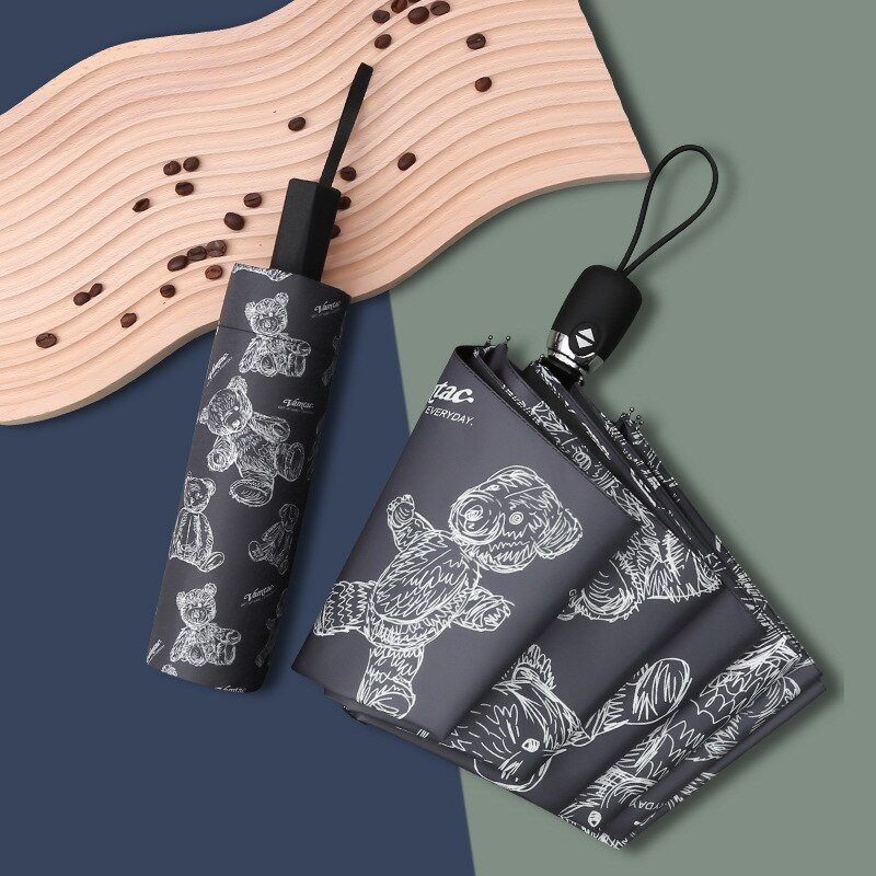 Mielas animacinis meškiukas automatinis skėtis nuo lietaus moteriškas UV spindulių vėjui atsparus nešiojamas trijų sulankstomų juodos dangos mergaičių sulankstomas saulės kelionių skėtis