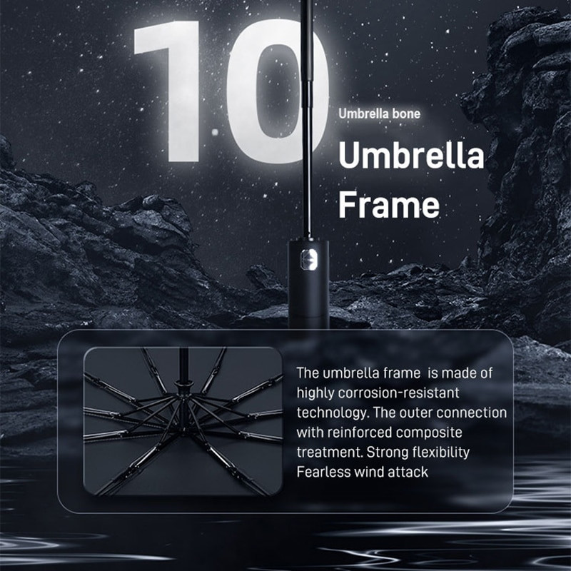 Plne automatický vstavaný reflexný LED svetelný dáždnik, trojnásobný skladací dáždnik, 10 cestovných dáždnikov, vetruodolný dáždnik, osvetlenie dáždnika do dažďa