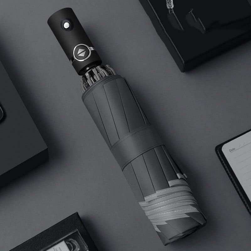 Automatický dáždnik s reflexným pruhom, spätným LED svetlom, trojrozmerný, obrátený, 10 rebier, bez batérie