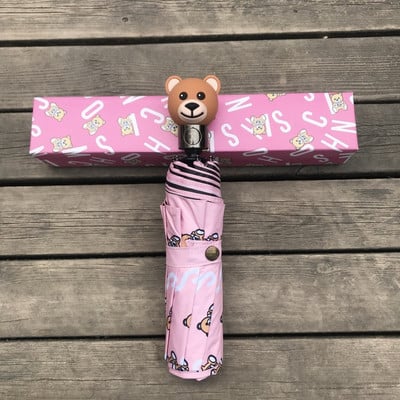 Umbrelă de femeie cu 3 pliante automată creativă Mâner de urs drăguț Acoperire neagră anti-UV Umbrelă de protecție solară Umbrelă de soare Umbrelă însorită