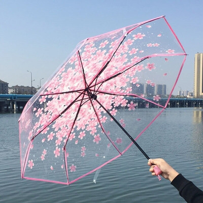 Прозрачен чадър Жена Сакура За Момичета Големи Деца За Пътуване Дъжд Сладки Подаръци Сватба Японски Стил Деца Устойчив