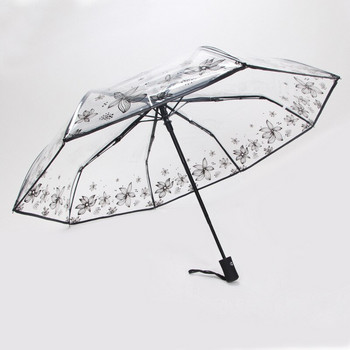 Ομπρέλα βροχής με διάφανο πάχος τριών πτυχών Γυναικεία ομπρέλα βροχής Romantic PVC Clear Automatic Ομπρέλες Ομπρέλα με λουλούδια με στάμπα για κορίτσια Παιδικά