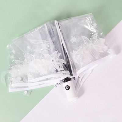 Átlátszó, vastag, három összehajtható női esernyő Romantikus PVC átlátszó automata esernyők virággal nyomtatott esernyő lányoknak, gyerekeknek