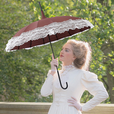 Дамски 16 ребра дантелен чадър Pagoda Parasol Princess Ветроустойчив слънчев и дъждовен чадър с дълга дръжка за фотография на открито