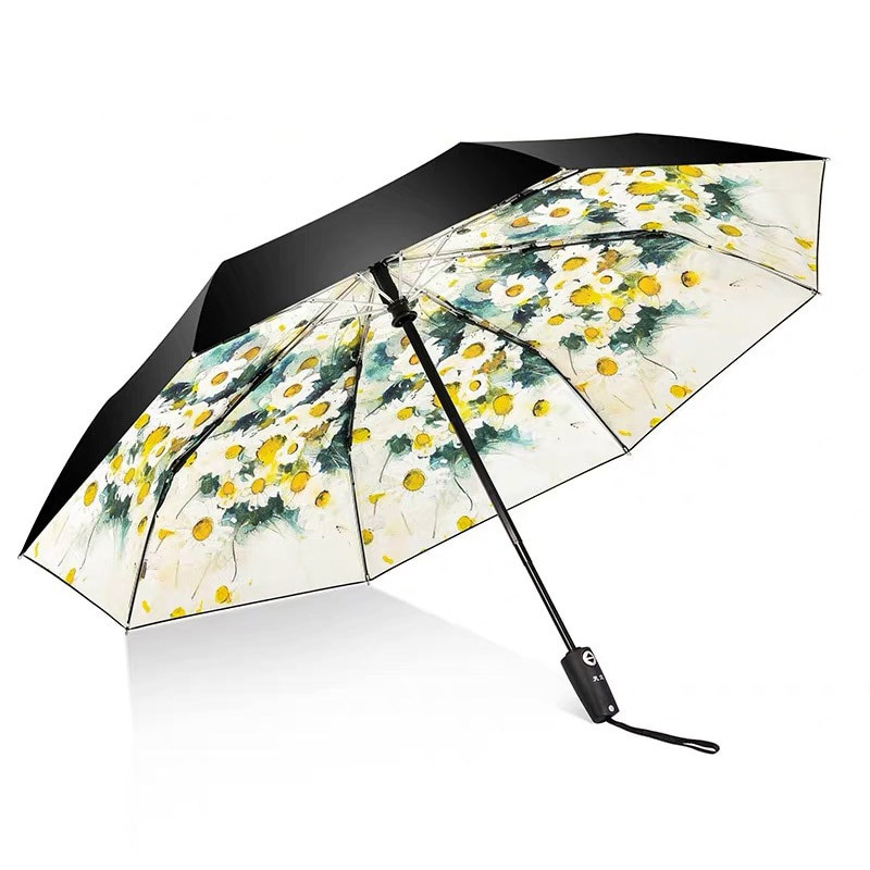 Módny automatický dáždnik pre ženy, kvetinový jemný 3-dielny, anti-UV, vetruodolný, plne automatický dáždnik, vysoko kvalitný, silný, dámsky dáždnik