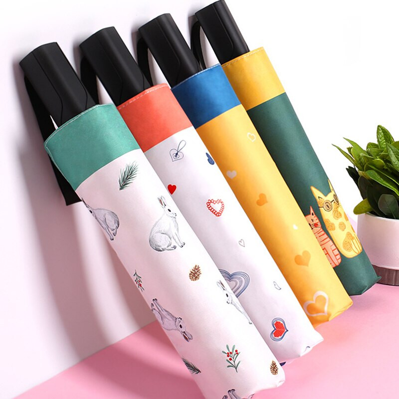 YADA Nový 3-skladací dáždnik s mačacím, srdcom a králičím vzorom, dáždnik odolný UV žiareniu pre ženy s príveskom a vetruodolným dáždnikom YS200137