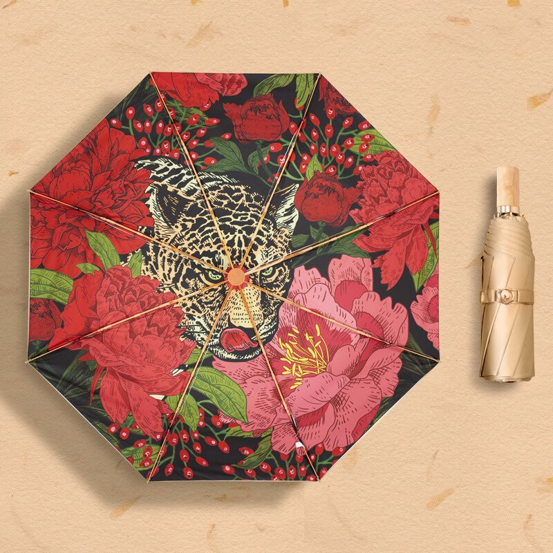 Luxusný leopardový titánový dvojitý opaľovací dáždnik, skladací retro farebný lepidlový letný dámsky slnečník s UV ochranou