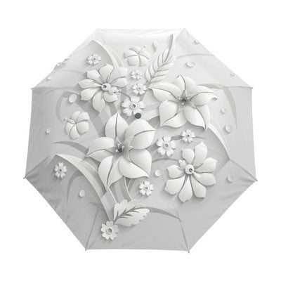 Пълен автоматичен 3D Floral Guarda Chuva White Sun Protection Три сгъваеми чадъра Rain Women Anti UV Outdoor Travel Sombrinha