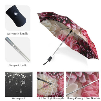 Красив чадър с щампа на цветя Дъждовен дамски автоматичен чадър Три сгъваеми слънцезащитен чадър Мъжки преносим чадър