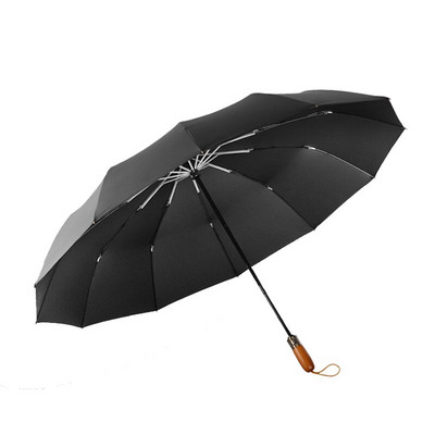 Pánsky dáždnik najvyššej triedy, automatický, vetruodolný, 12 rebier, drevená rukoväť, skladací, čierny, veľký, 120 cm, golfový, darček pre mužov