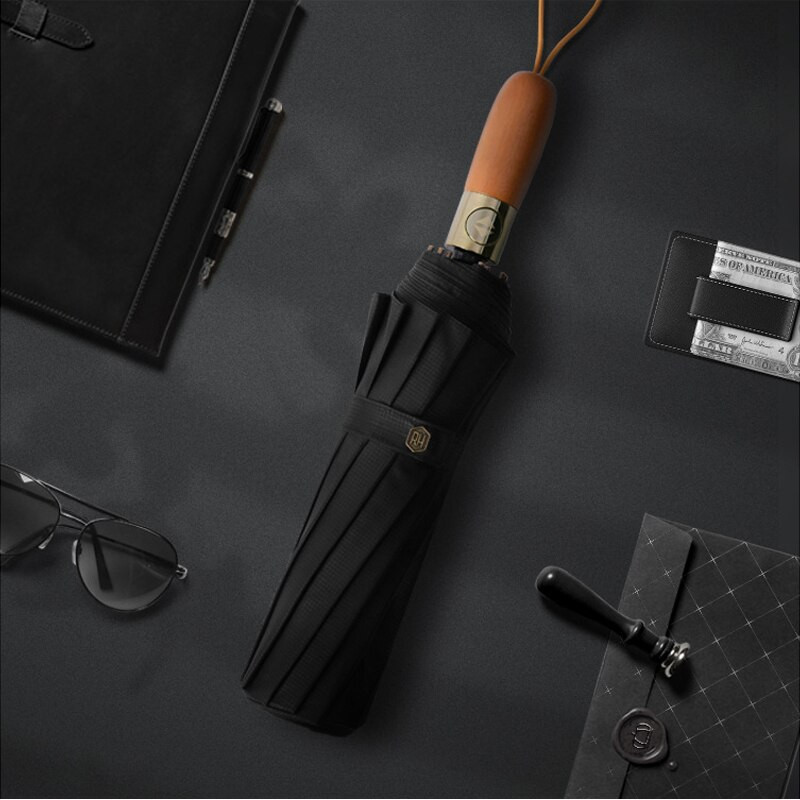 Pánsky dáždnik najvyššej triedy, automatický, vetruodolný, 12 rebier, drevená rukoväť, skladací, čierny, veľký, 120 cm, golfový, darček pre mužov